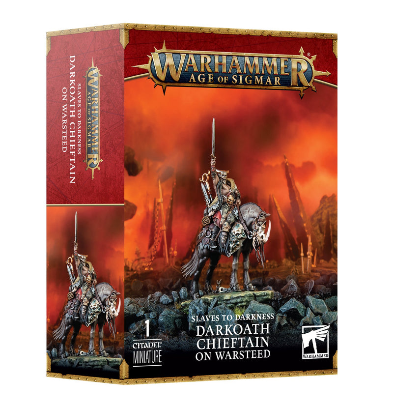 Warhammer Age of Sigmar: Slaves to Darkness – Darkoath Chieftain on Warsteed includes an unpainted plastic miniature and Citadel base, featuring artwork of the armored Chieftain riding into battle against a fiery backdrop.