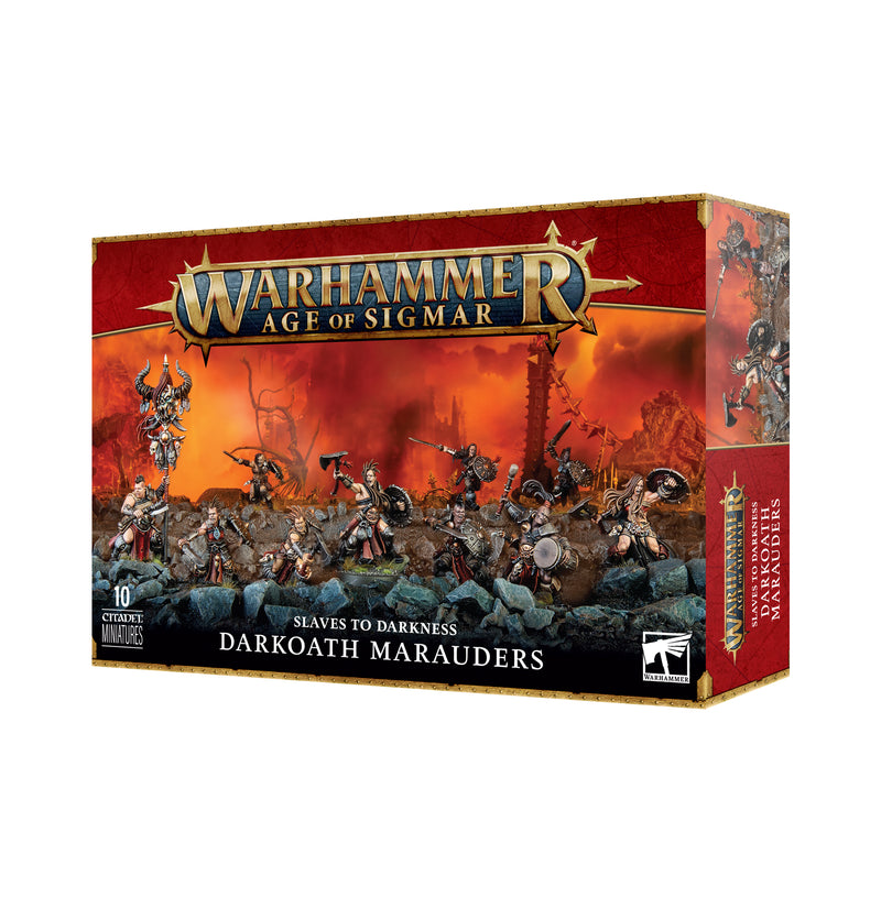 Box of Warhammer Age of Sigmar: Slaves to Darkness - Darkoath Marauders with painted miniatures and bases, fiery battle backdrop.