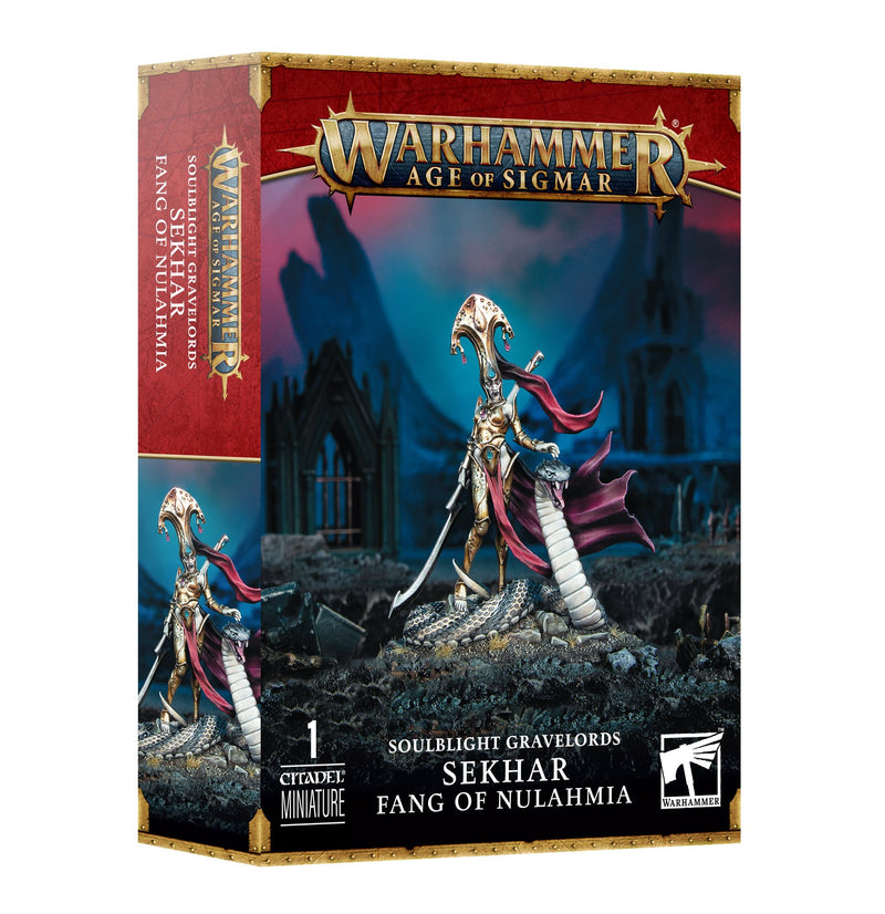 Warhammer Age of Sigmar: Soulblight Gravelords - Sekhar Fang of Nulahmia with assembly parts and base on a dark, fantasy battlefield.