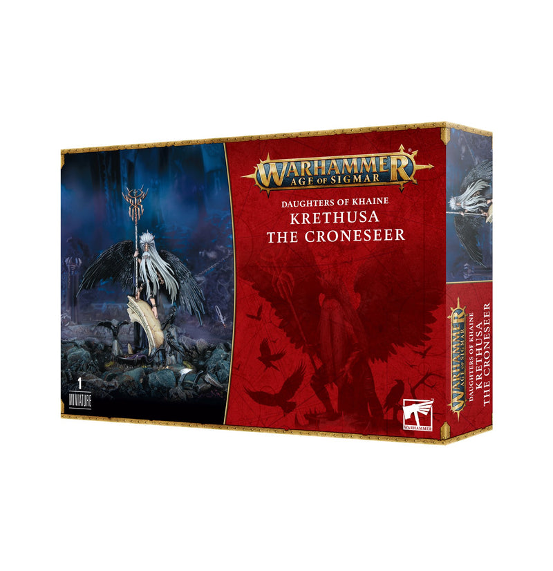 The Warhammer Age of Sigmar Daughters of Khaine: Krethusa the Croneseer box shows fantasy art and the painted miniature on a 50mm base.