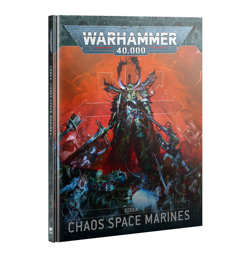 Warhammer 40k: Chaos Space Marines – Codex (10th Ed), published by Games Workshop, features striking cover art of an armored warrior brandishing weapons amid chaos and other figures in a dramatic red and black scene.