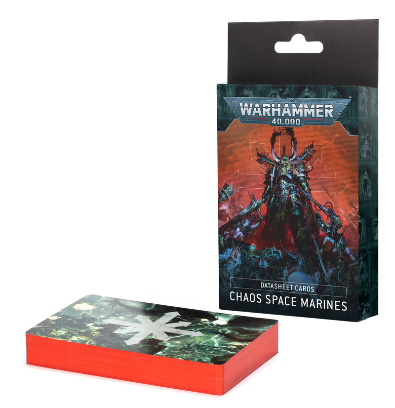 A box labeled Warhammer 40k: Chaos Space Marines - Datasheet Cards from Games Workshop stands behind a stack of cards, with the chaos star symbol on top, showcasing the essential datasheet and army rules cards for Chaos Space Marines.