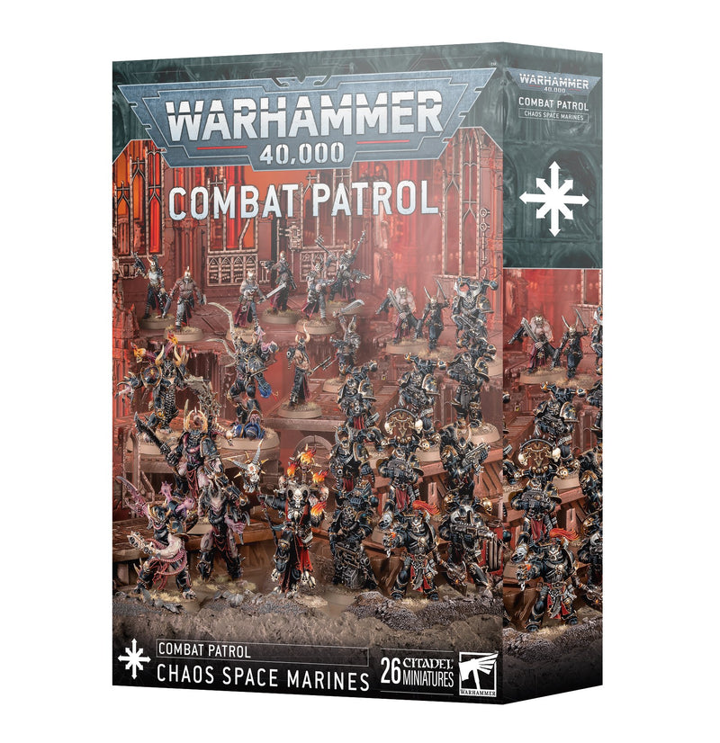 Box of Warhammer 40k: Chaos Space Marines - Combat Patrol 2024 by Games Workshop, featuring 26 Citadel miniatures and the Chaos star in a dramatic battle scene.