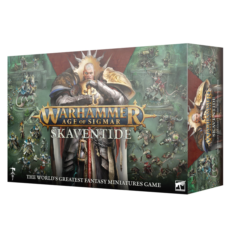 Warhammer Age of Sigmar: Skaventide, showcasing a fantasy warrior with glowing eyes alongside a selection of Skaven and Stormcast Eternals miniatures on a striking green and red background. Text: The World’s Greatest Fantasy Miniatures Game.
