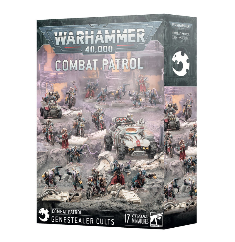 Warhammer 40k: Genestealer Cults - Combat Patrol box art shows painted Hybrid Metamorphs, Atalan Jackals, and 17 miniatures.