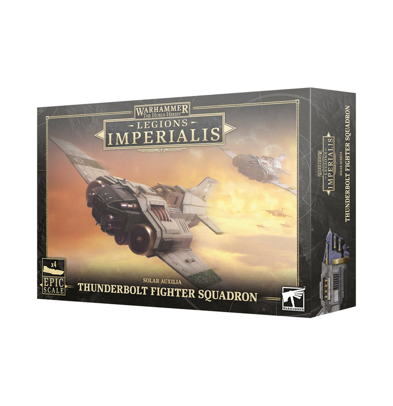 A box of Horus Heresy: Legions Imperialis: Thunderbolt Fighter Squadron, with artwork showing two Thunderbolt fighter miniatures flying through a cloudy sky.