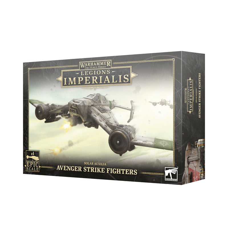 A box of Horus Heresy: Legions Imperialis: Avenger Strike Fighters from Games Workshop, featuring artwork of futuristic aircraft soaring through a cloudy sky.