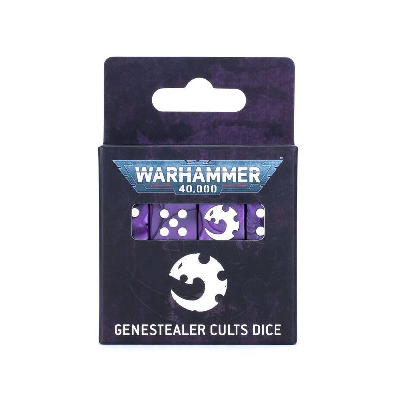 The Warhammer 40k: Genestealer Cults - Dice Set includes pearlescent purple six-sided dice with white markings and a Genestealer icon replacing the number six.
