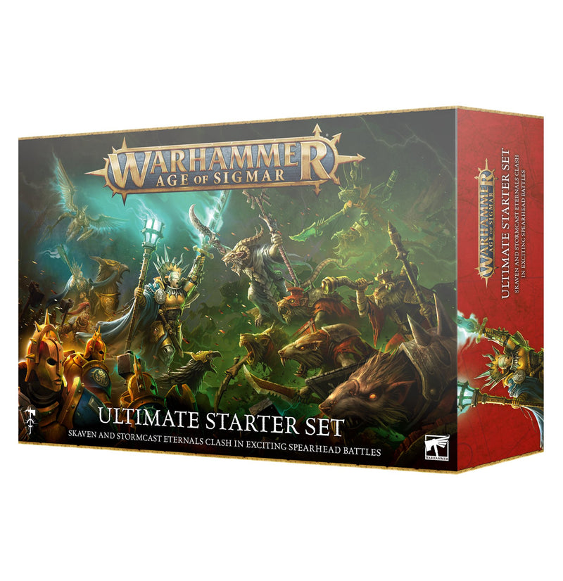 A Warhammer Age of Sigmar: Spearhead Starter Set box with Stormcast Eternals fighting Skaven Clanrats, logos, and product info.