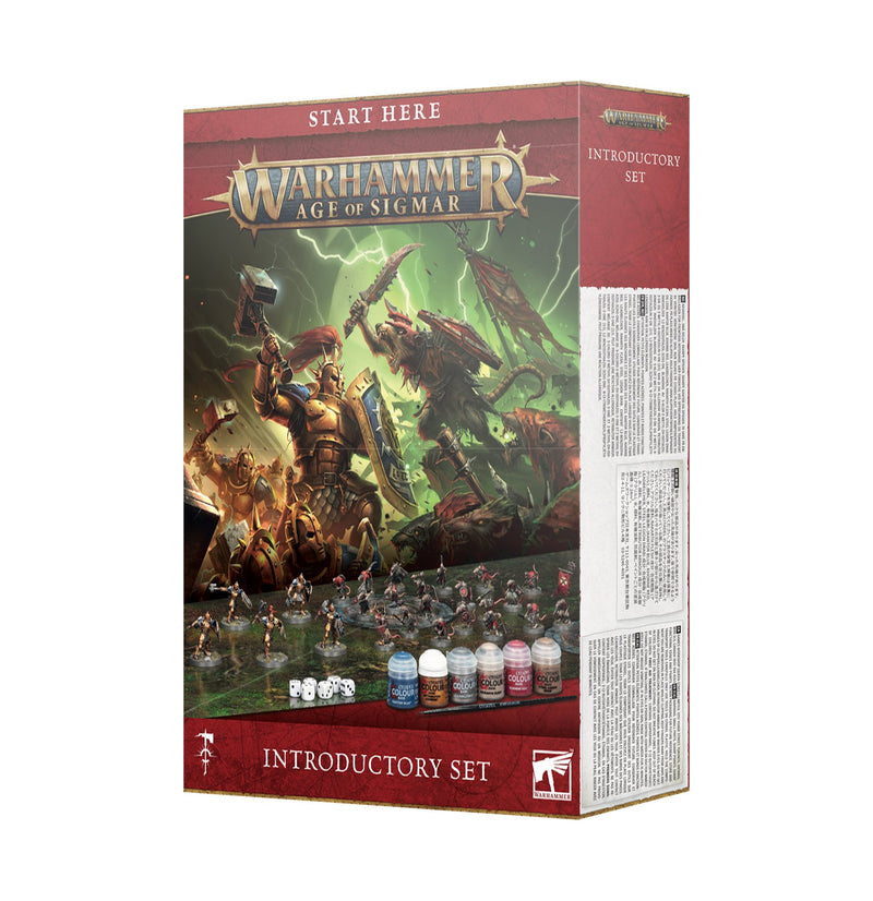The Warhammer Age of Sigmar: Introductory Set box shows Stormcast Eternals and Skaven battling, with miniatures and paints below.