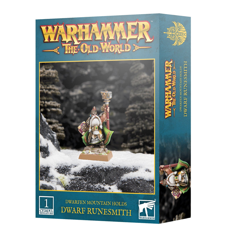 Box of Warhammer The Old World: Dwarfen Mountain Holds – Dwarf Runesmith, showcasing a Dwarf Runesmith miniature posed on snowy terrain, with Games Workshop branding, product details, and logo displayed against a blue background. Please note: distribution restrictions may apply in the United States.