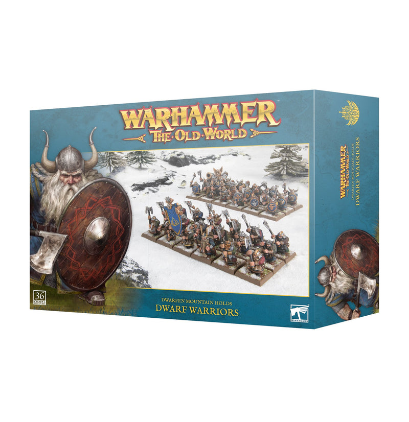 The Warhammer The Old World: Dwarfen Mountain Holds - Dwarf Warriors boxed set showcases illustrated dwarf warriors brandishing shields and axes, set against a snowy backdrop, with product details displayed on the signature blue Games Workshop packaging.