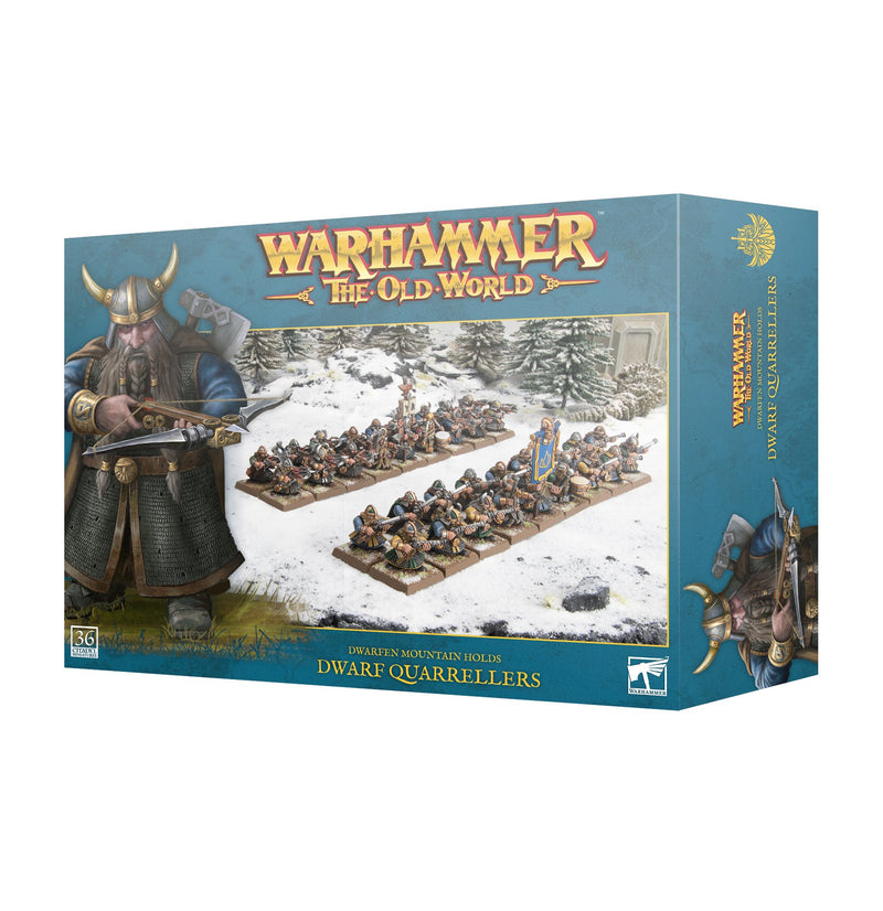 Box for Warhammer The Old World: Dwarfen Mountain Holds - Dwarf Quarrellers from Games Workshop, featuring painted dwarf miniatures in a snowy landscape and a prominent dwarf warrior illustration on the left side of the packaging.