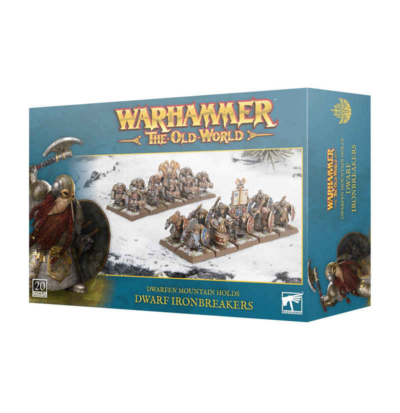 The Warhammer The Old World: Dwarfen Mountain Holds - Dwarf Ironbreakers box set features armored dwarf miniatures, snowy terrain, themed artwork, and product title on the packaging.