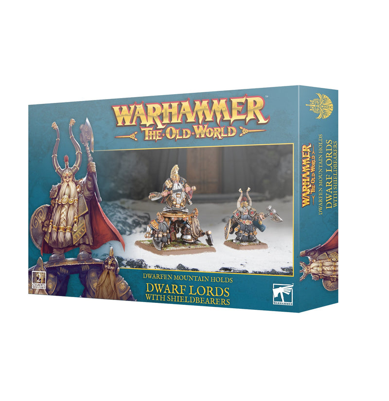 Box of Warhammer The Old World: Dwarfen Mountain Holds - Dwarf Lords with Shieldbearers miniatures, displayed through a clear window with fantasy artwork and Games Workshop branding on a blue background. Please note that distribution restrictions may apply in the United States.