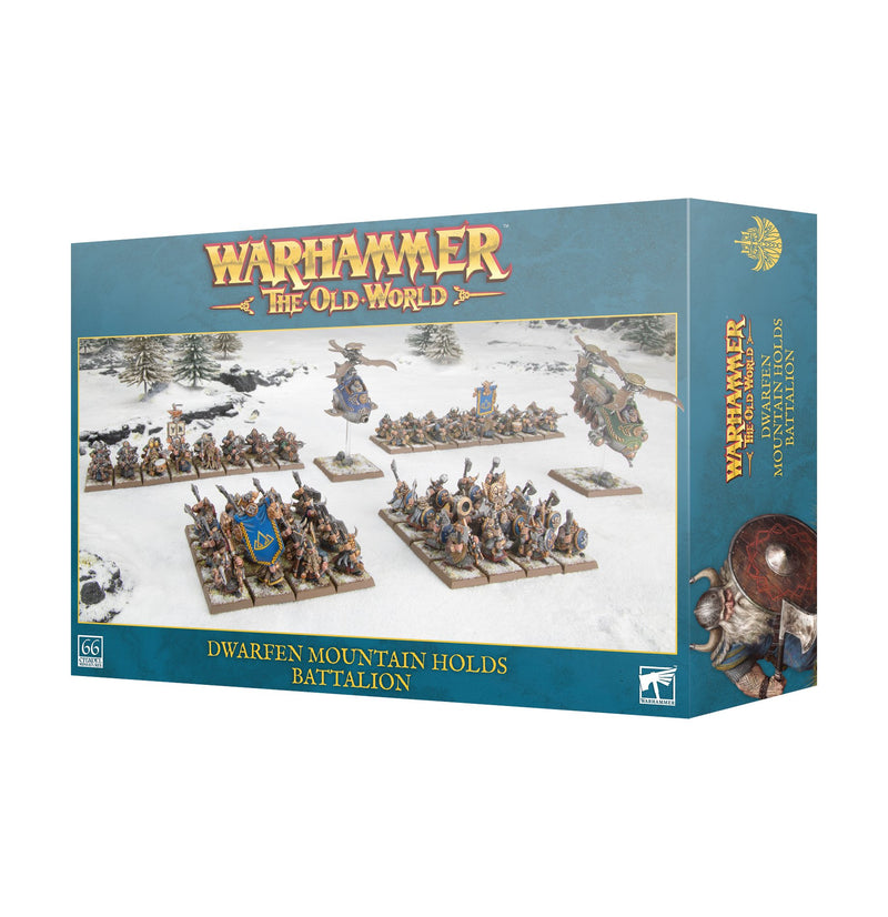 A box for Warhammer The Old World: Battalion - Dwarfen Mountain Holds by Games Workshop, displaying Dwarfen Mountain Holds miniatures set against a snowy battlefield, with branding and product information visible on the front and side of the packaging. Distribution restrictions may apply in the United States.