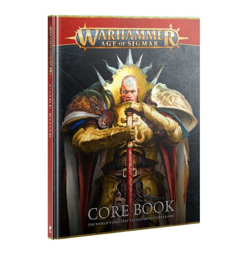 The cover of the Warhammer Age of Sigmar: Core Book 4th Edition showcases a heavily armored warrior wielding a glowing red sword and adorned with a golden halo, reflecting the epic battles of the Mortal Realms.