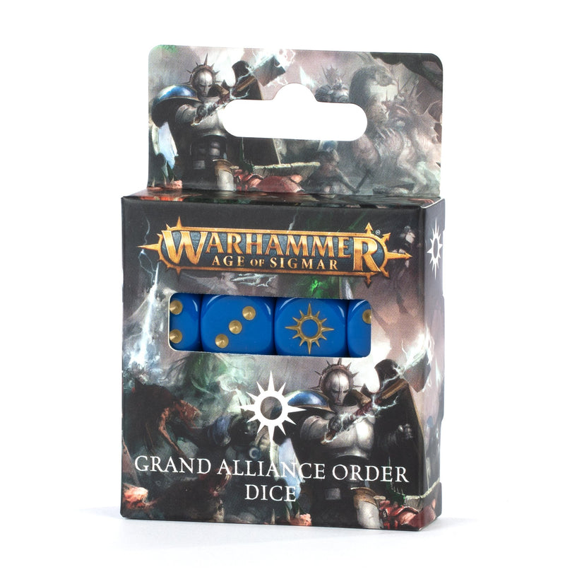 The Warhammer Age of Sigmar: Grand Alliance - Order Dice set has blue dice with gold dots, halo symbol, and battle art box.