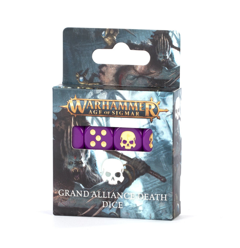 The Warhammer Age of Sigmar: Grand Alliance - Death Dice set features purple dice with gold skulls and dots, in dark fantasy art.
