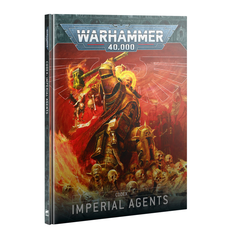 The cover of Warhammer 40k: Imperial Agents - Codex features a gold and red armored figure with skulls, against a fiery background.