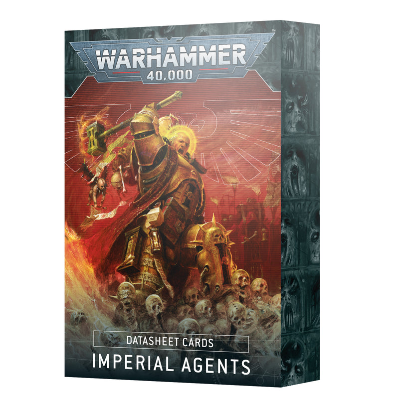 Box of Warhammer 40k: Imperial Agents - Datasheet Cards from Games Workshop, showcasing armored warriors in combat amidst skulls and a dark, gothic aesthetic with red and gold accents. Includes an Army Rule Card for the Imperial Agents.
