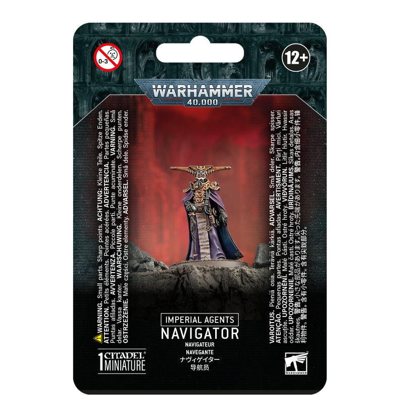 Packaging for Warhammer 40k: Imperial Agents - Navigator by Games Workshop, with a painted miniature in ornate robes on a 32mm base.