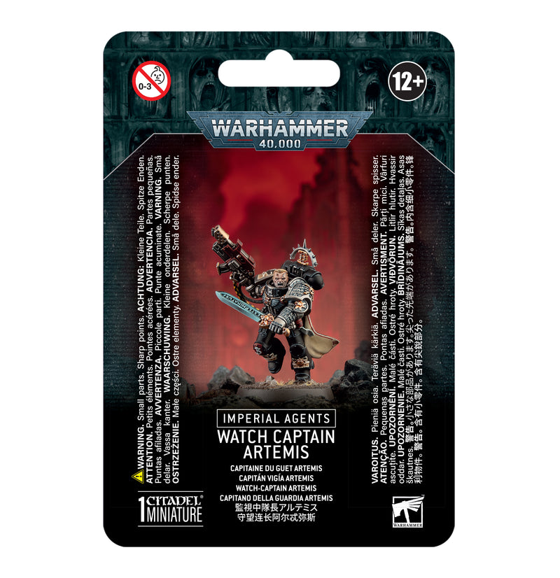 Packaging for Warhammer 40k: Imperial Agents - Deathwatch Captain Artemis by Games Workshop shows a painted figure with weapon on a Citadel 32mm Round Base, plus product name and age warnings above.