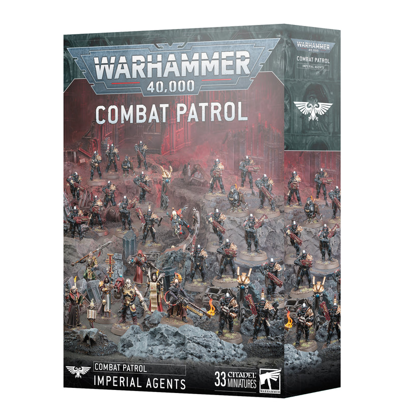 The image displays the Warhammer 40k: Imperial Agents - Combat Patrol box with painted Adeptus Arbites battling in a ruined city.