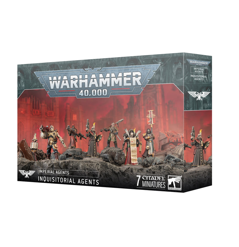 Box of Warhammer 40k: Imperial Agents - Inquisitorial Agents unpainted miniatures by Games Workshop, featuring seven detailed figures and highlighting the Imperial Agents faction.