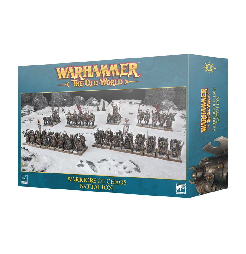 Box for Warhammer The Old World: Battalion - Warriors of Chaos, displaying painted Chaos Warriors and Chaos Knights positioned on a snowy battlefield, with visible Games Workshop branding and product information.
