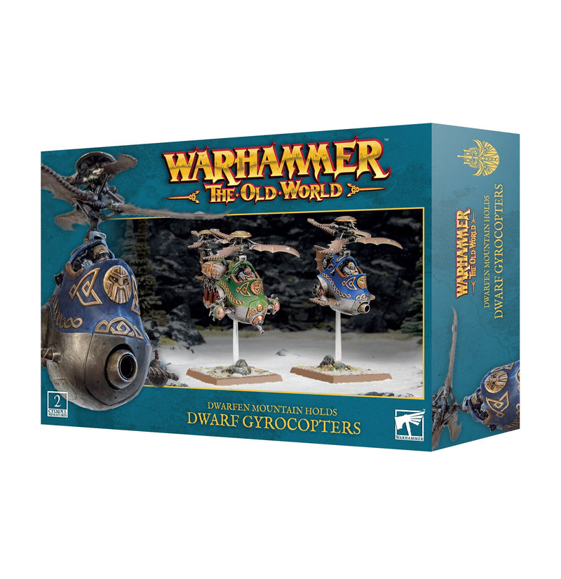 A box of Warhammer The Old World: Dwarfen Mountain Holds - Gyrocopters miniatures, showing two dwarf flying machines with rotors over a snowy scene. The packaging features the Warhammer logo and product information.