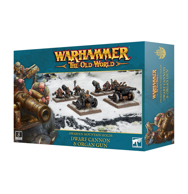 Box of Warhammer The Old World: Dwarfen Mountain Holds - Cannon & Organ Gun miniatures featuring painted Dwarf soldiers operating both a cannon and an organ gun. The blue packaging displays images of the assembled models along with official Warhammer and Games Workshop branding. Please note: distribution restrictions may apply to ship to United States.