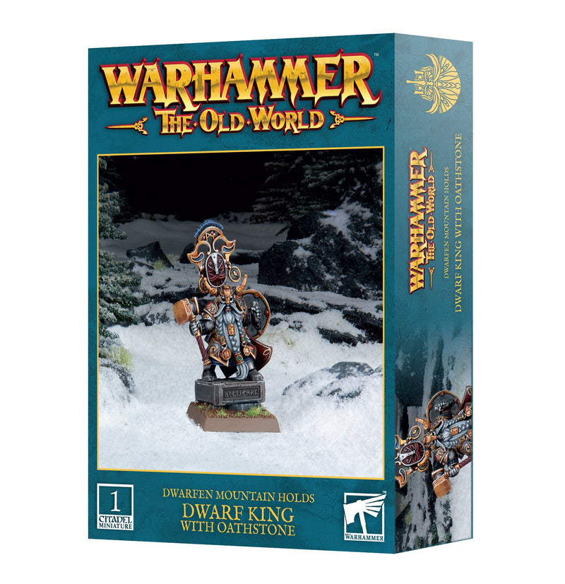 Box for Warhammer The Old World: Dwarfen Mountain Holds – Dwarf King with Oathstone features a painted dwarf king miniature in armor, set against a snowy landscape on the front, along with Games Workshop branding. Contains 1 Citadel miniature. Due to distribution restrictions, this product can only be shipped to select regions.