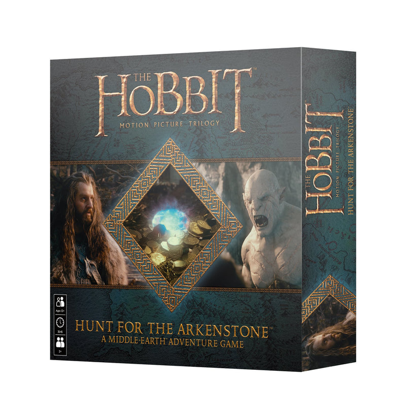 Hunt for the Arkenstone box by Games Workshop shows Thorin Oakenshield, the Arkenstone among coins, and an orc with geometric patterns.