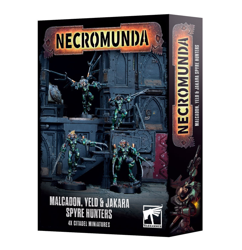 Necromunda: Malcadon Yeld & Jakara Spyre Hunter box by Games Workshop with painted miniatures on dark, industrial-themed art and bold orange Necromunda branding.