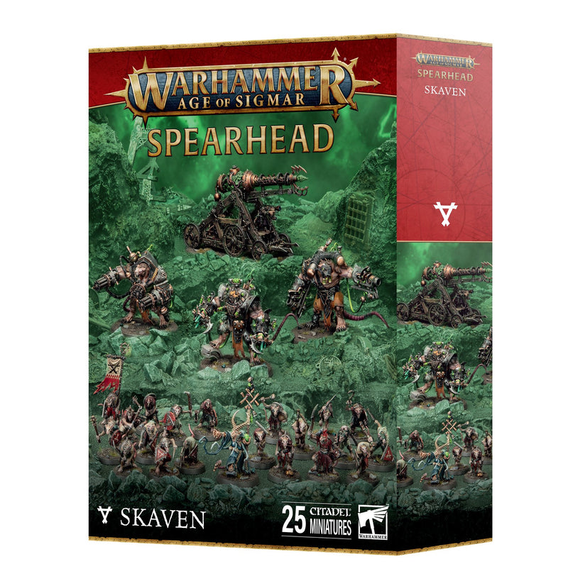 Box of Warhammer Age of Sigmar: Spearhead - Skaven by Games Workshop, with painted Skaven miniatures and “25 Citadel Miniatures” on a green rocky background.