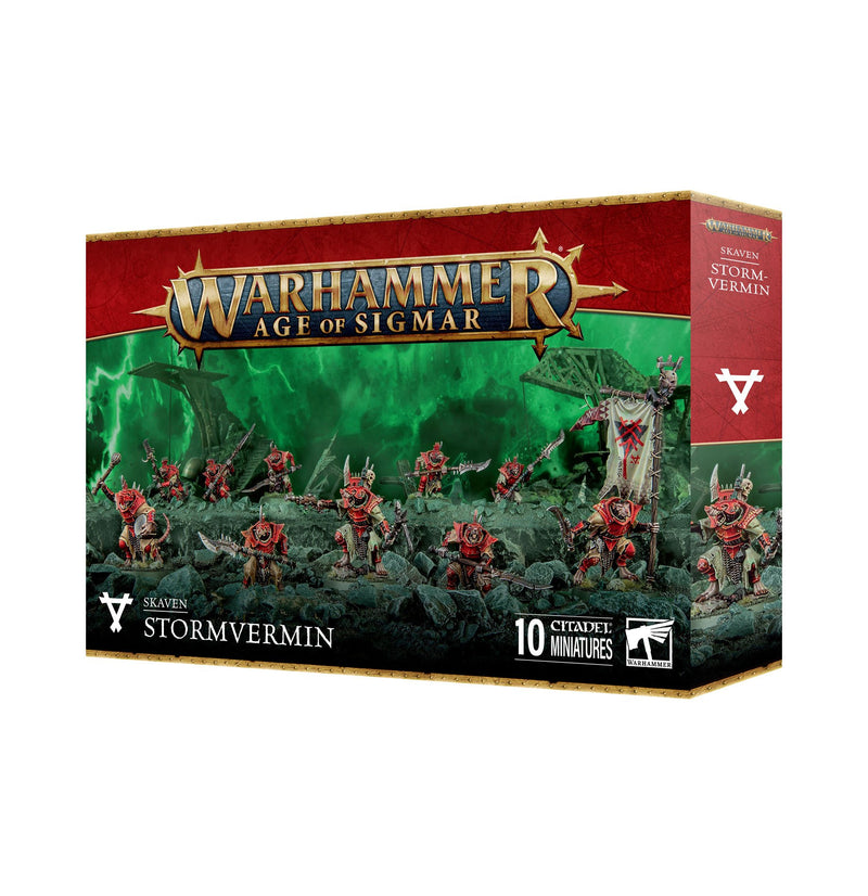 Box of Warhammer Age of Sigmar: Skaven - Stormvermin Citadel miniatures, featuring 10 armored rat warriors with weapons on a green, rocky battlefield. A red and gold Warhammer logo by Games Workshop sits atop a red and green box.