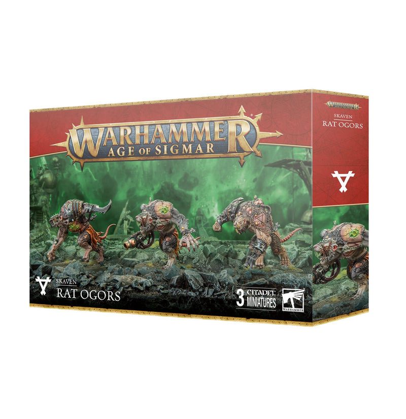 A box of Warhammer Age of Sigmar: Skaven - Rat Ogors from Games Workshop, showcasing three painted rat-like monster miniatures mounted on Citadel 50mm Round Bases set against a green background, with prominent product branding and logos displayed on the packaging.