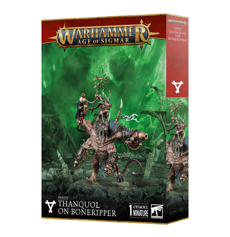 Warhammer Age of Sigmar: Skaven - Thanquol on Boneripper box with detailed miniatures on a mystical green background. Citadel base included.