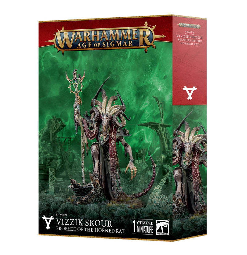 The Warhammer Age of Sigmar: Skaven - Vizzik Skour Prophet Horned Rat box shows the prophet with staff on green mystical background.