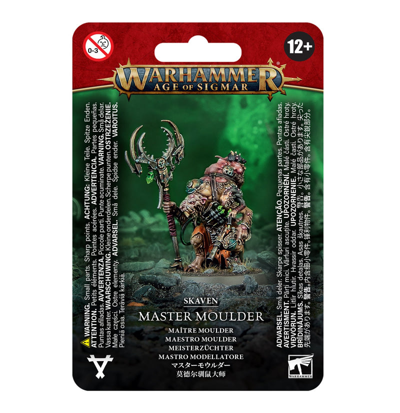 Warhammer Age of Sigmar: Skaven - Master Moulder is a plastic miniature kit with staff, 32mm base, and product info on packaging.