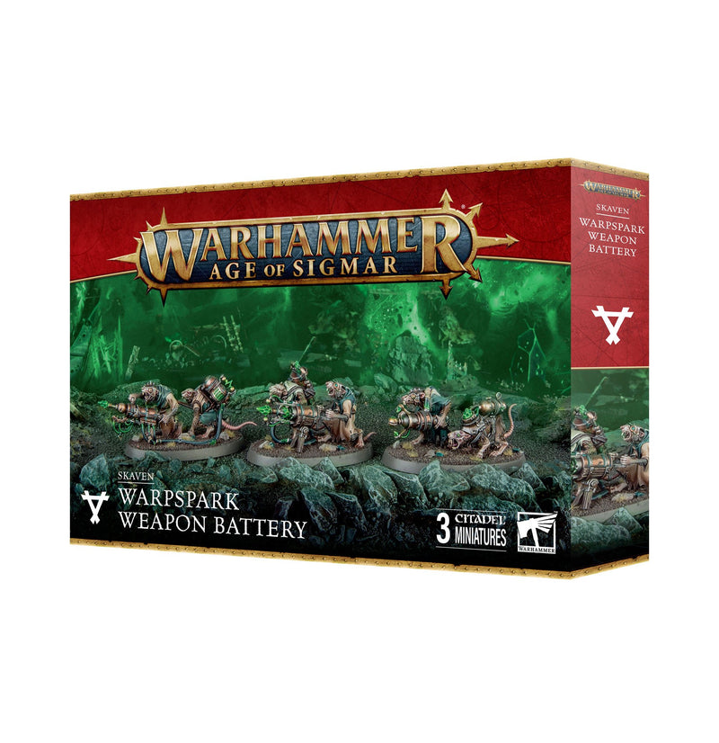 A Warhammer Age of Sigmar: Skaven - Warpspark Weapon Battery box with three painted rat miniatures on a green background.
