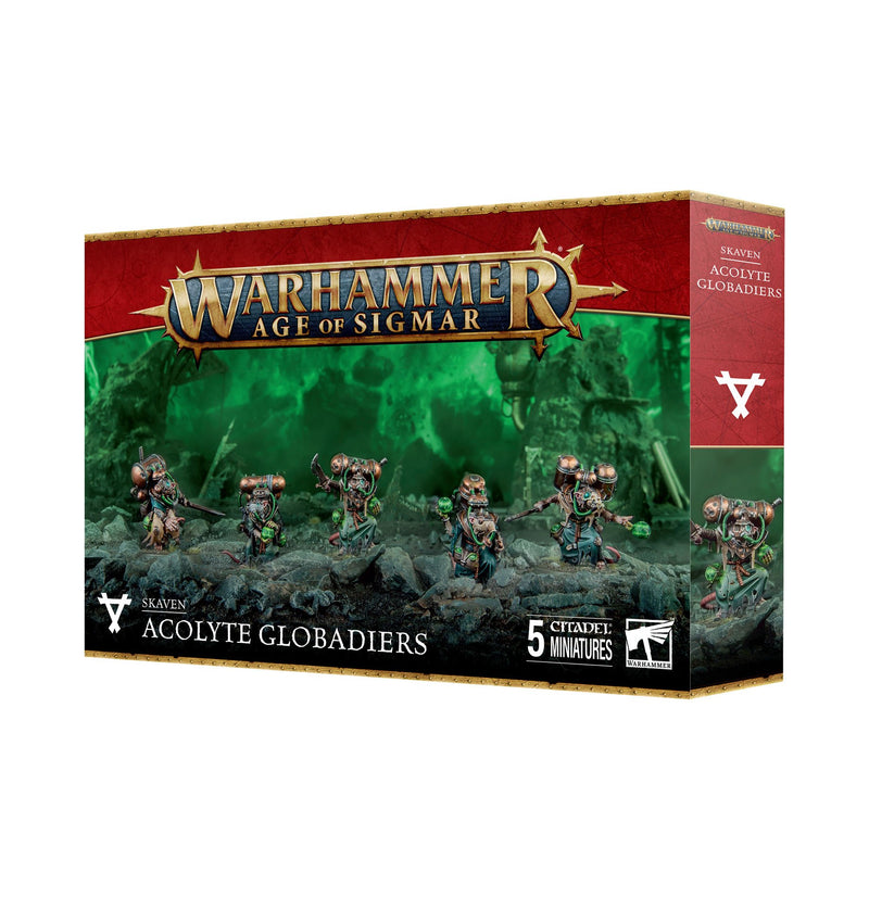 The Warhammer Age of Sigmar: Skaven - Acolyte Globadiers box features five rat-like painted miniatures with logos on the packaging.
