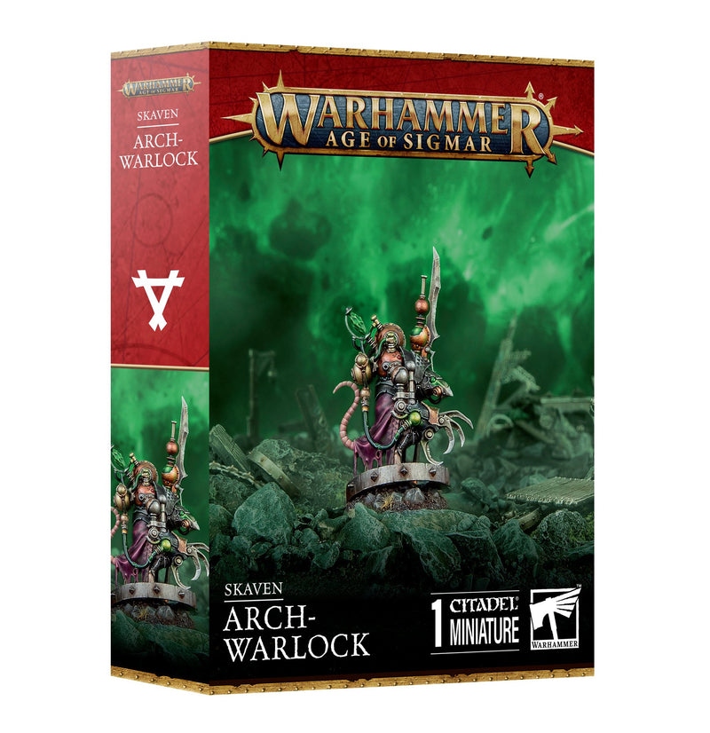 Warhammer Age of Sigmar: Skaven - Arch-Warlock plastic miniature kit, rat-like figure in armor with staff on mechanical base.