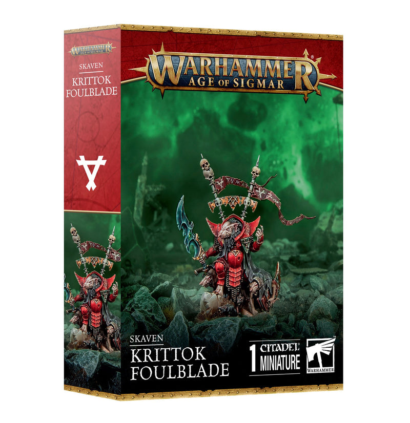 Warhammer Age of Sigmar: Skaven - Krittok Foulblade by Games Workshop, armored rat miniature with weapons on green smoky background, Citadel 40mm Round Base included.