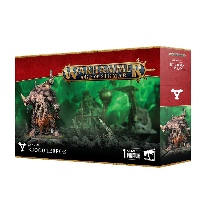 Warhammer Age of Sigmar: Skaven - Brood Terror by Games Workshop shows a large armored rat-like miniature with weapons on a green smoky backdrop. Includes a Citadel 90mm Round Base.