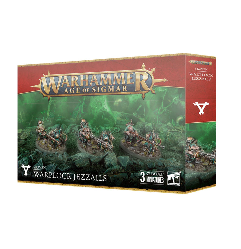 Box of Warhammer Age of Sigmar: Skaven - Warplock Jezzails by Games Workshop, featuring three painted ratmen with rifles on Citadel bases against a green, smoky backdrop. Packaging shows game and product details.