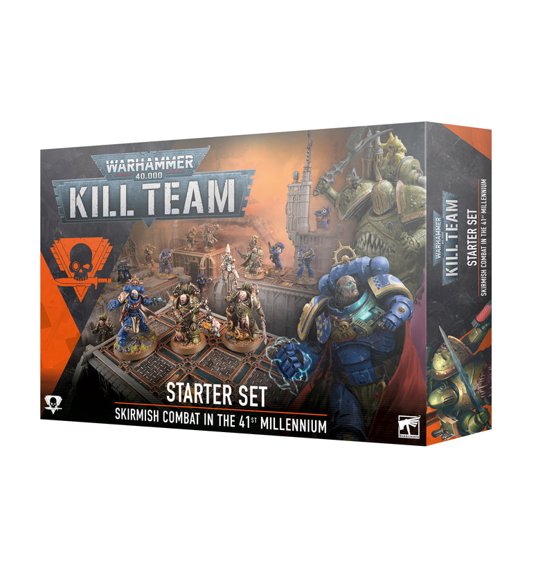 The image shows a Warhammer 40k: Kill Team - Starter Set box with Citadel Miniatures and sci-fi art, featuring the text "Skirmish Combat in the 41st Millennium" on the front.