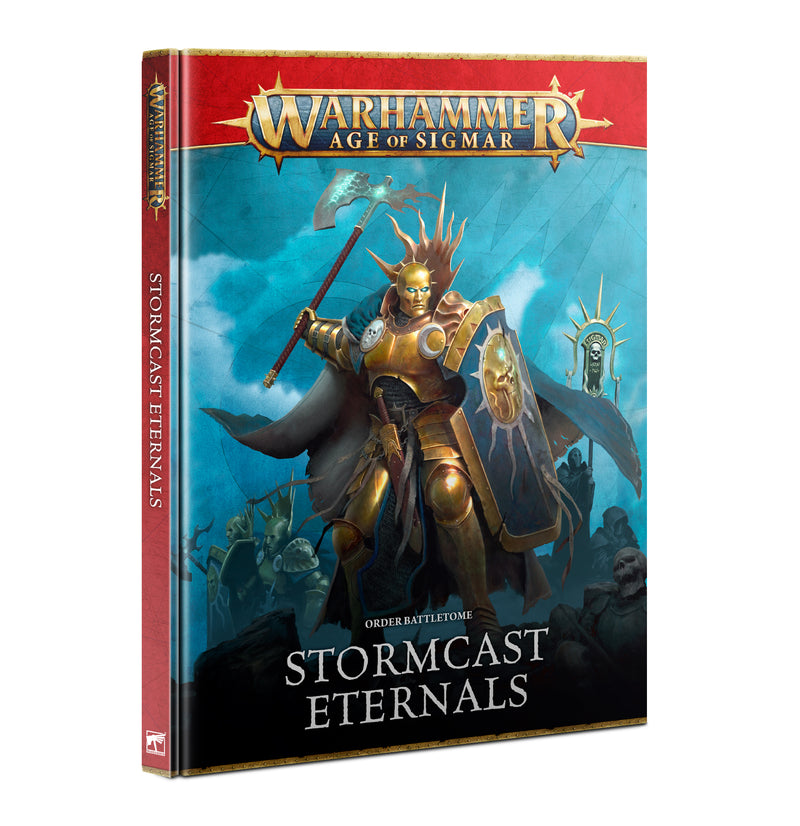 Cover of the Warhammer Age of Sigmar: Order Battletome - Stormcast Eternals 2024 from Games Workshop, featuring an armored warrior wielding a hammer and shield, illuminated by glowing lightning with ghostly figures in the background.