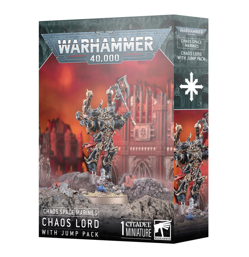 The Warhammer 40k: Chaos Marines - Chaos Lord with Jump Pack kit shows the model on a 40mm base amid fiery ruins and gothic arches.